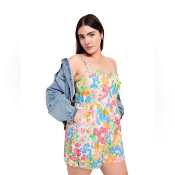 Old Navy Fit & Flare Cami Romper Floral Linen Blend Womens Size XL - Picture 1 of 12